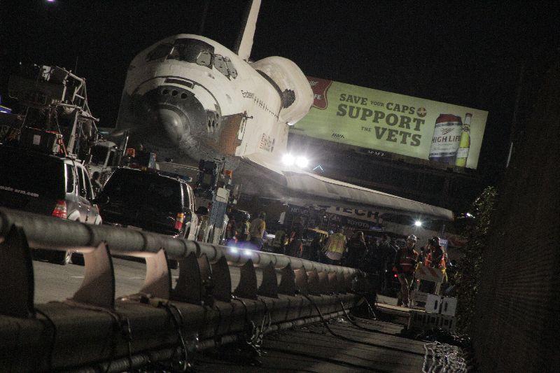 Toyota Tundra towing the space shuttle Endeavour on the Manchester Blvd. bridge at the 405. October 12, 2012
