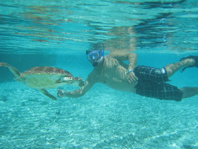 Luis Moreno with a sea turtle, Bora Bora, French Polynesia, 2009 (Photo by Bauman Crew)