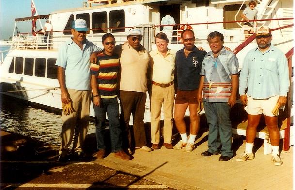 Walter Multerre, Michael Pang, Albert Burns, Doug Mathias, Jim Fine, Joe Ahuna, Neil Waikiki, 1981-1982 (Photo by Doug Mathias)