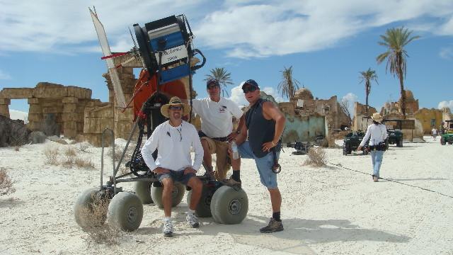 Unk., Mike Lyon, and Don D. Davidson with a BFL on a desert dolly, 2008 (Photo by the Bauman Crew)