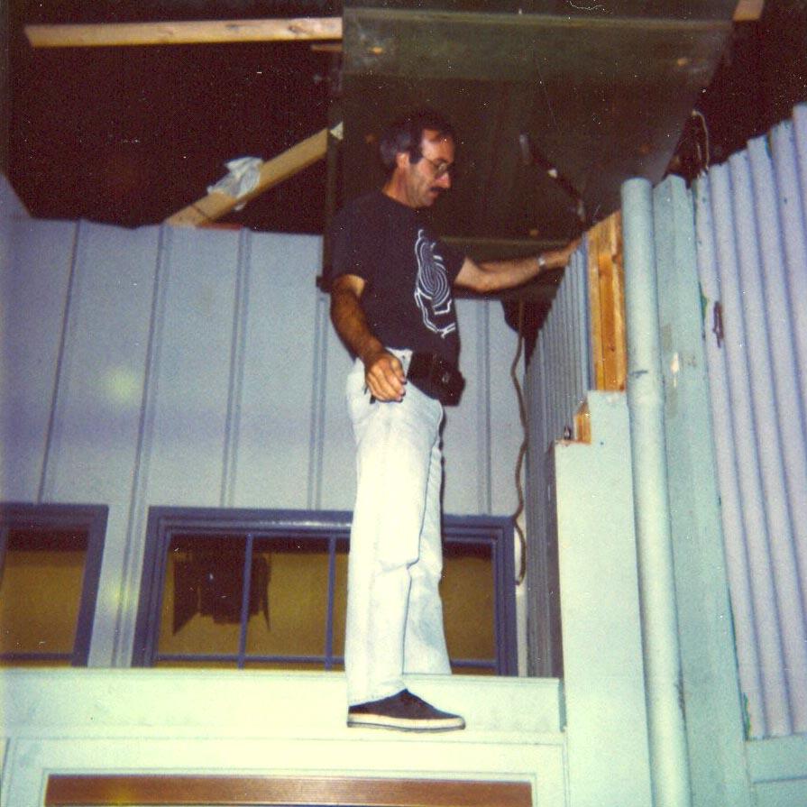 Peter Portizo wall walking in hangar,1992-93 (Photo by Karen Weilacher)