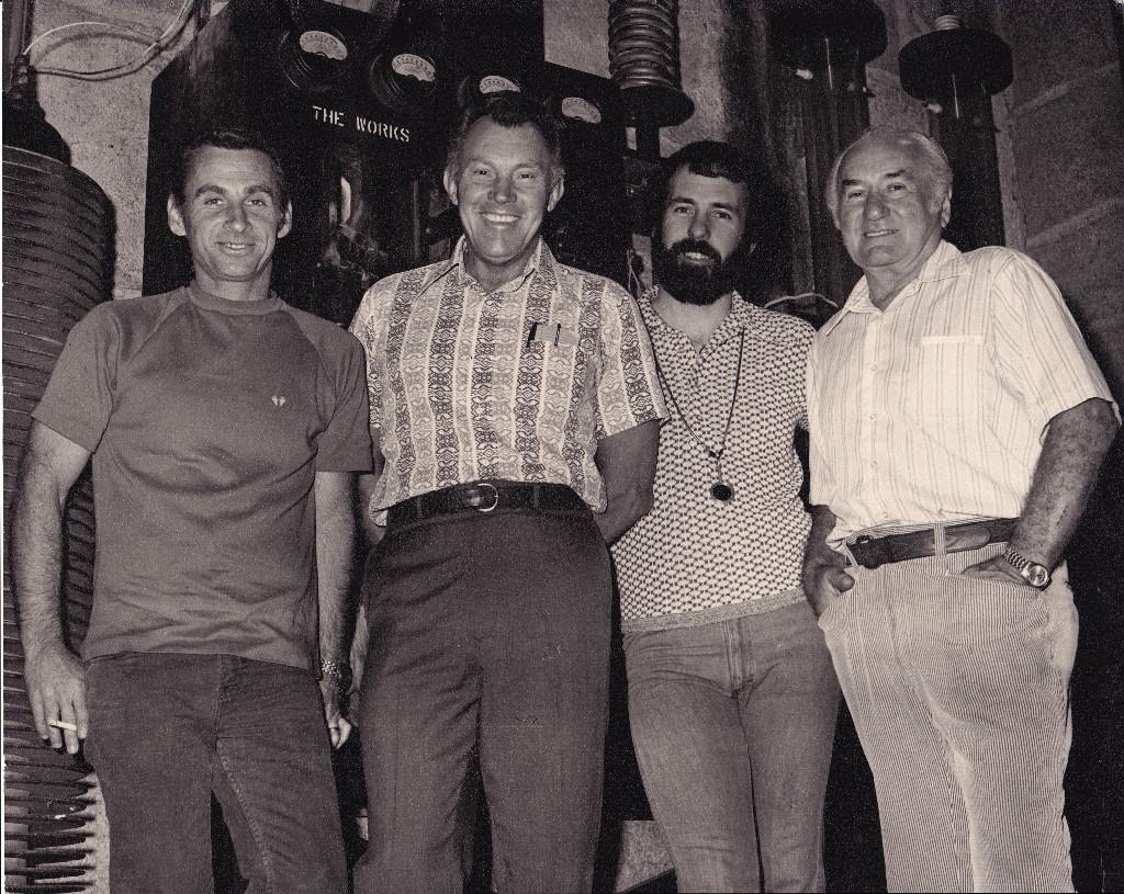 Unk., John Ganther, Jim Plannette Gaffer, Sam Gordon, 1974 (photo submitted by Jim Plannette).