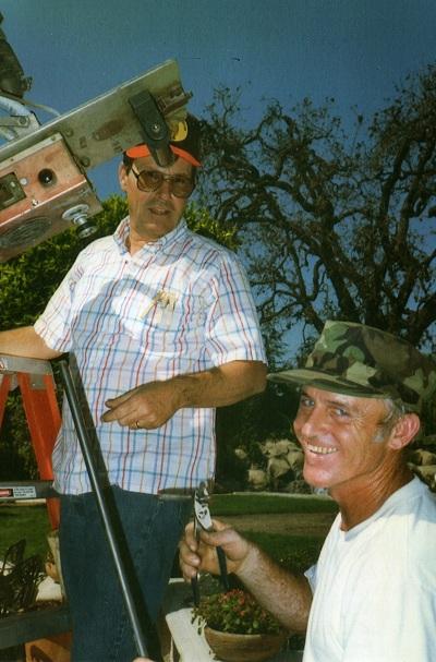 Russ Hopton and Mike Coultas trimming an arc, Warner Bros. TV series, Oct. 1987 (Photo by Doug Mathias)